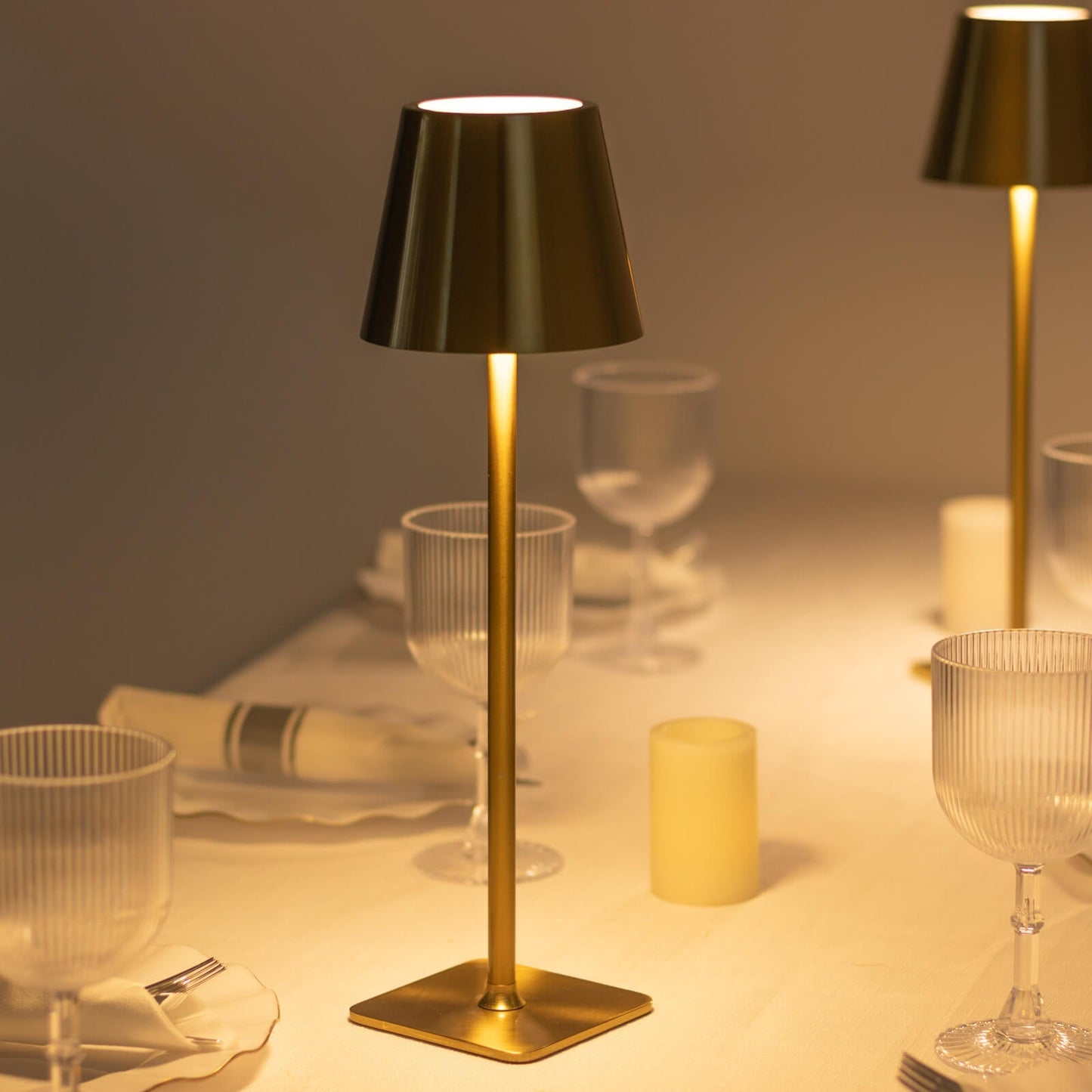 15" Gold Metal LED Table Lamp with Classic Empire Lampshade - Cordless Rechargeable Desk Lamp, 3 Color Modes, Stepless Dimming, Touch Control