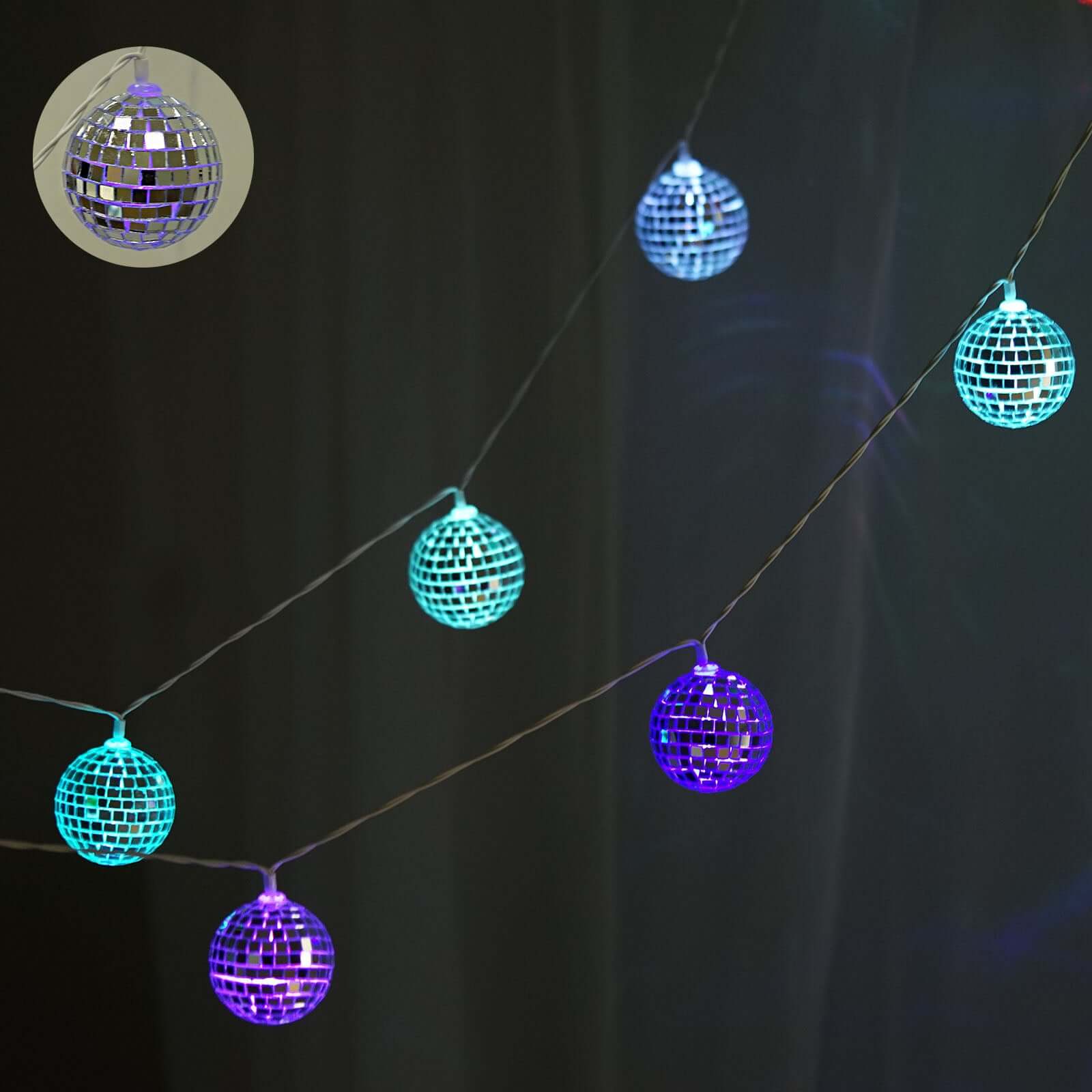 15 LED String Light Garland Silver Disco Mirror Ball Multicolor - Battery Operated for Events 6ft - Linen Luxes