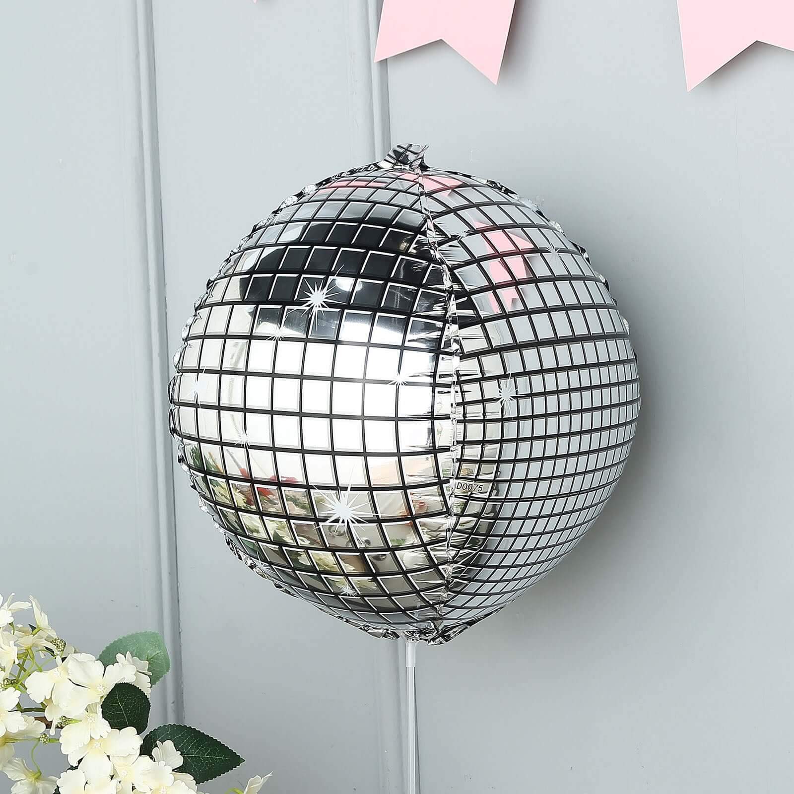 15" Mirrored Silver Disco Ball Mylar Reusable Foil Helium Air Balloon - Linen Luxes