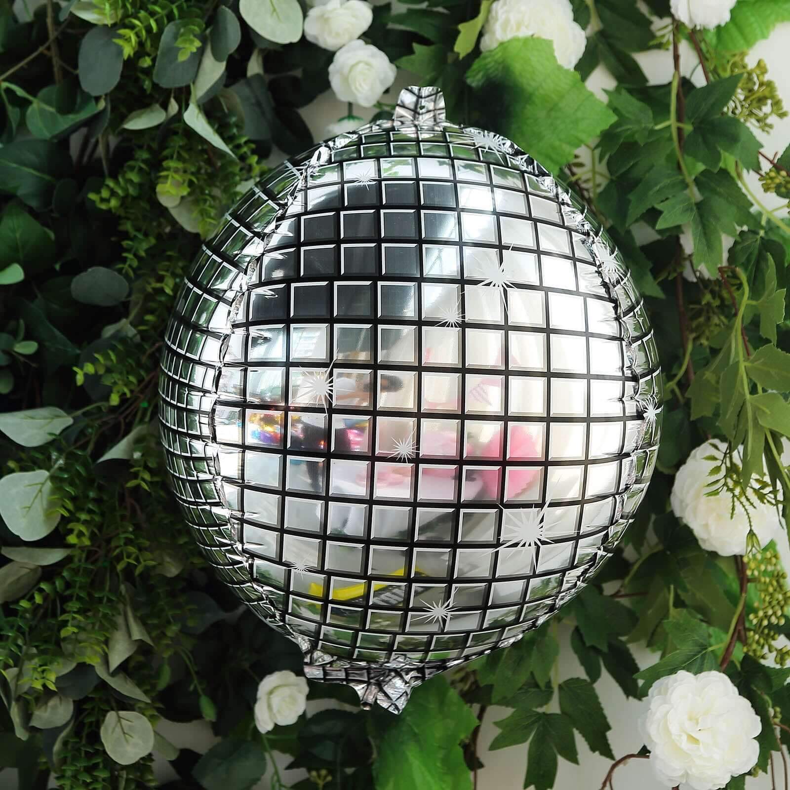 15" Mirrored Silver Disco Ball Mylar Reusable Foil Helium Air Balloon - Linen Luxes