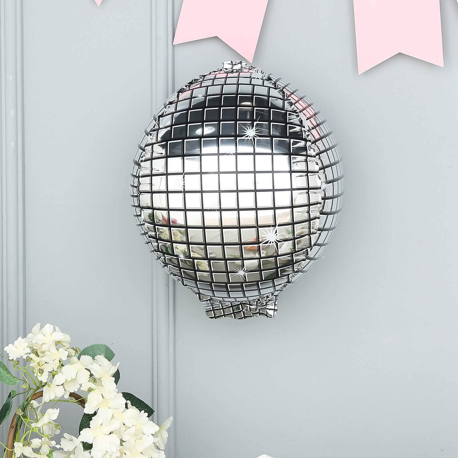 15" Mirrored Silver Disco Ball Mylar Reusable Foil Helium Air Balloon - Linen Luxes