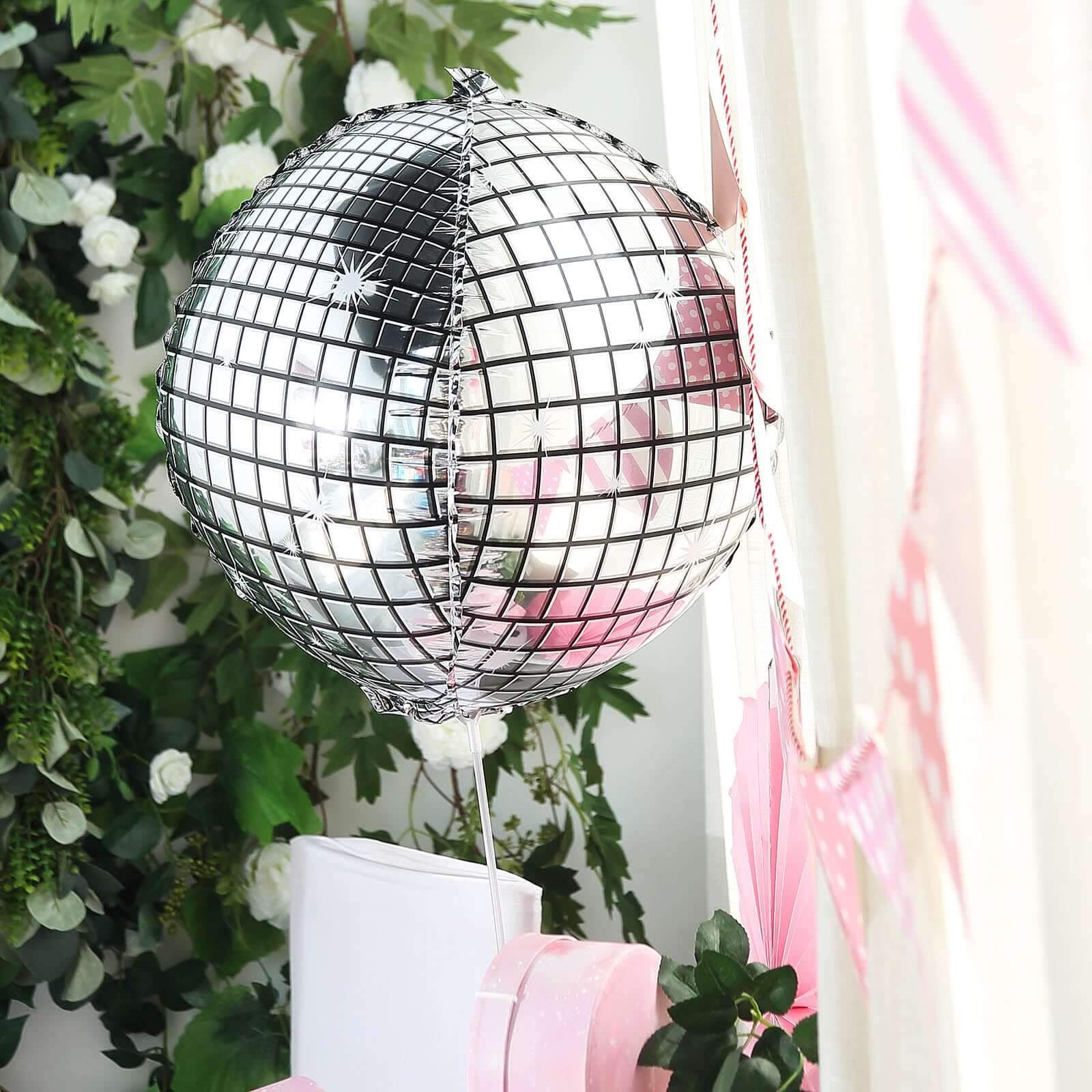 15" Mirrored Silver Disco Ball Mylar Reusable Foil Helium Air Balloon - Linen Luxes