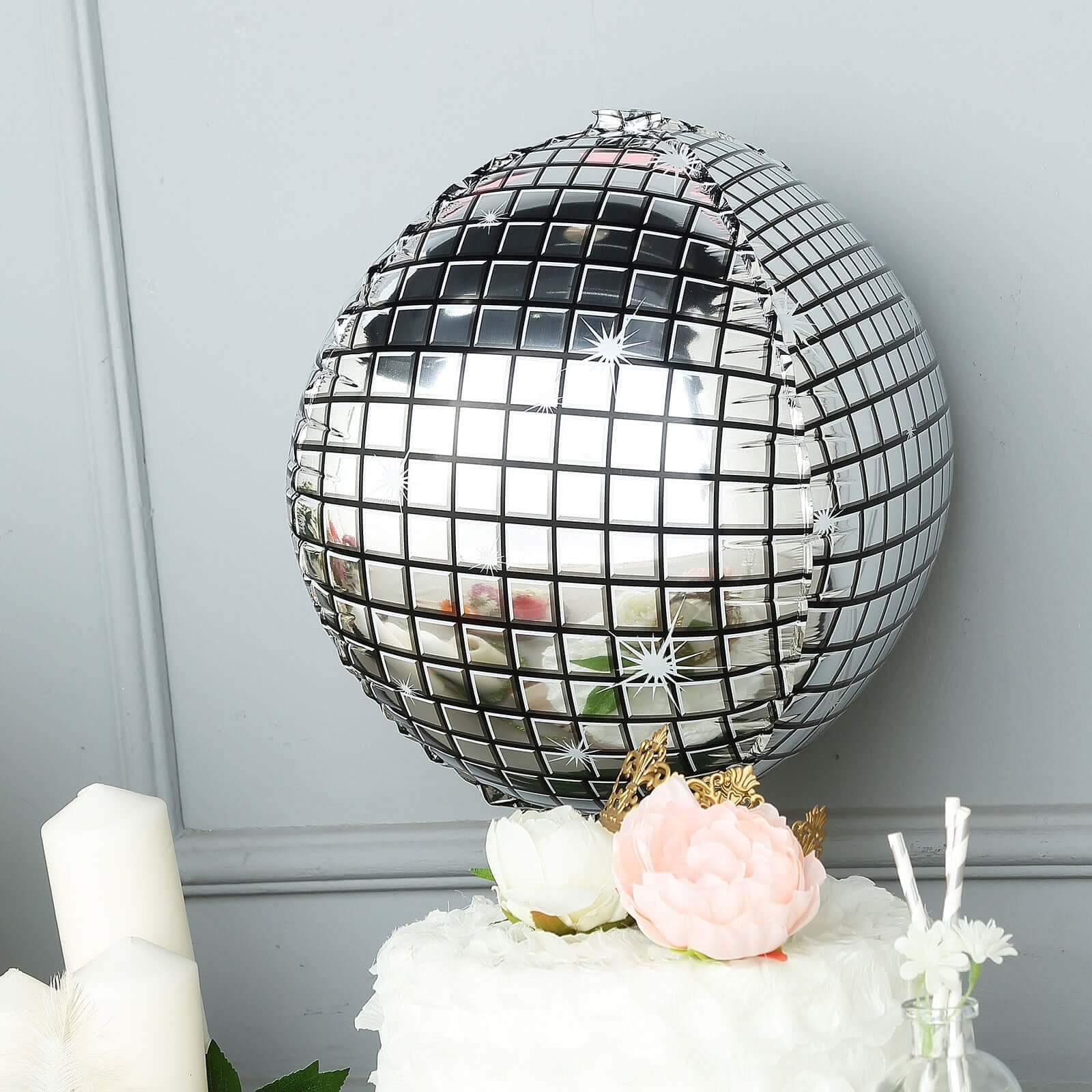 15" Mirrored Silver Disco Ball Mylar Reusable Foil Helium Air Balloon - Linen Luxes