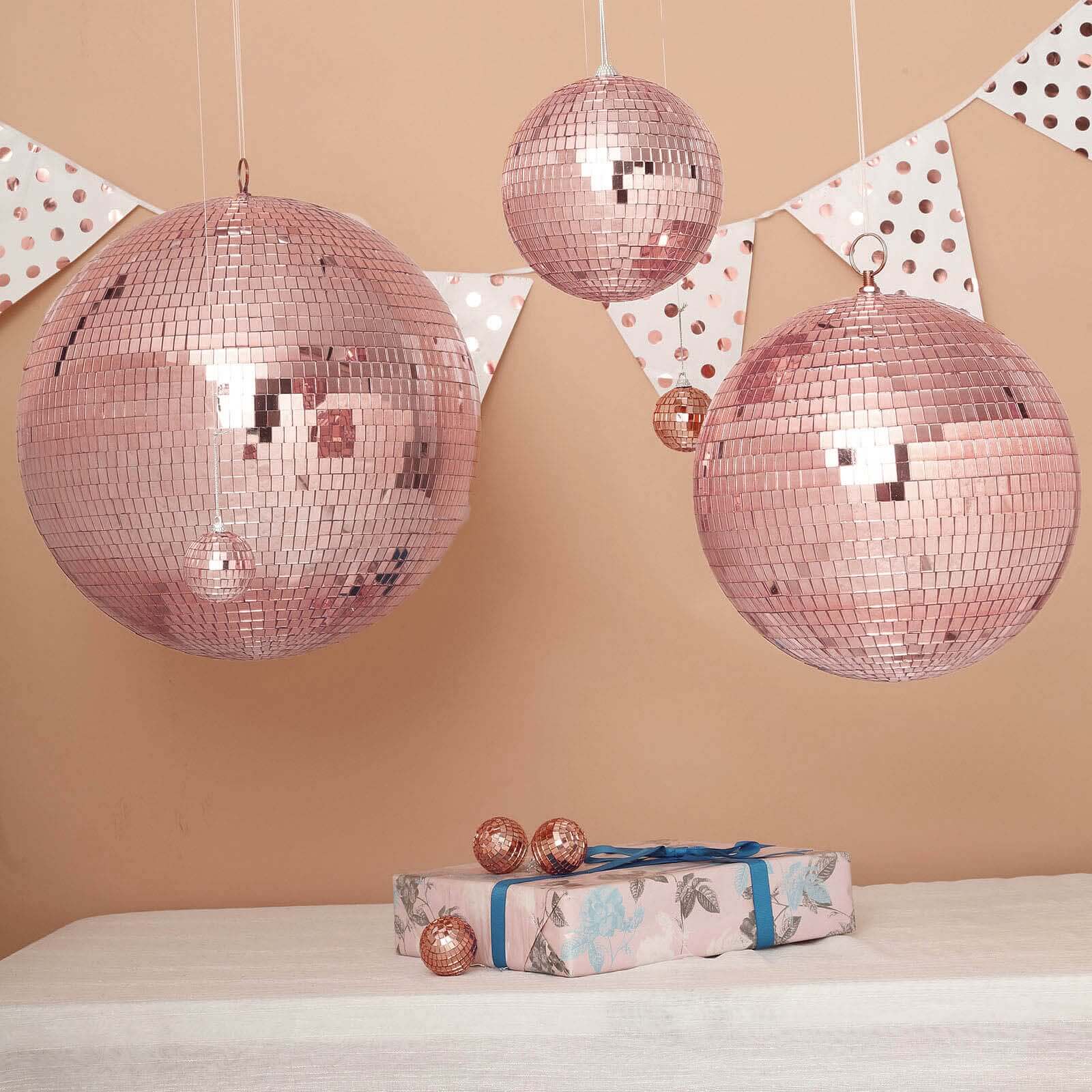 16" Large Rose Gold Foam Disco Mirror Ball With Hanging Swivel Ring, Holiday Party Decor - Linen Luxes