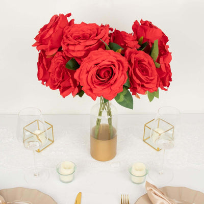 2 Bushes 17" Red Premium Silk Jumbo Rose Flower Bouquet, High Quality Artificial Wedding Floral Arrangements