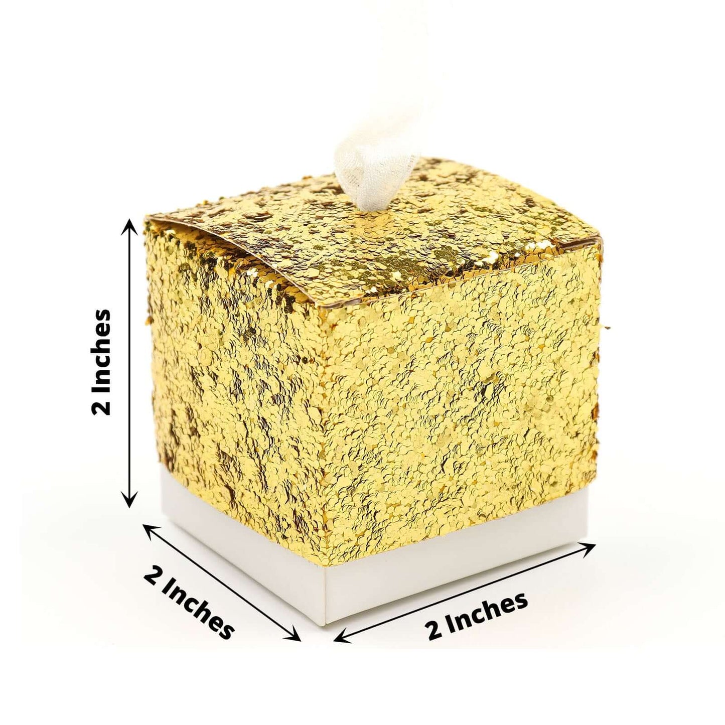 25 Pack 2" Gold Sequin Glitter Party Favor Boxes With White Ribbon Loop, Wedding Favor Gift Boxes, Candy Cases