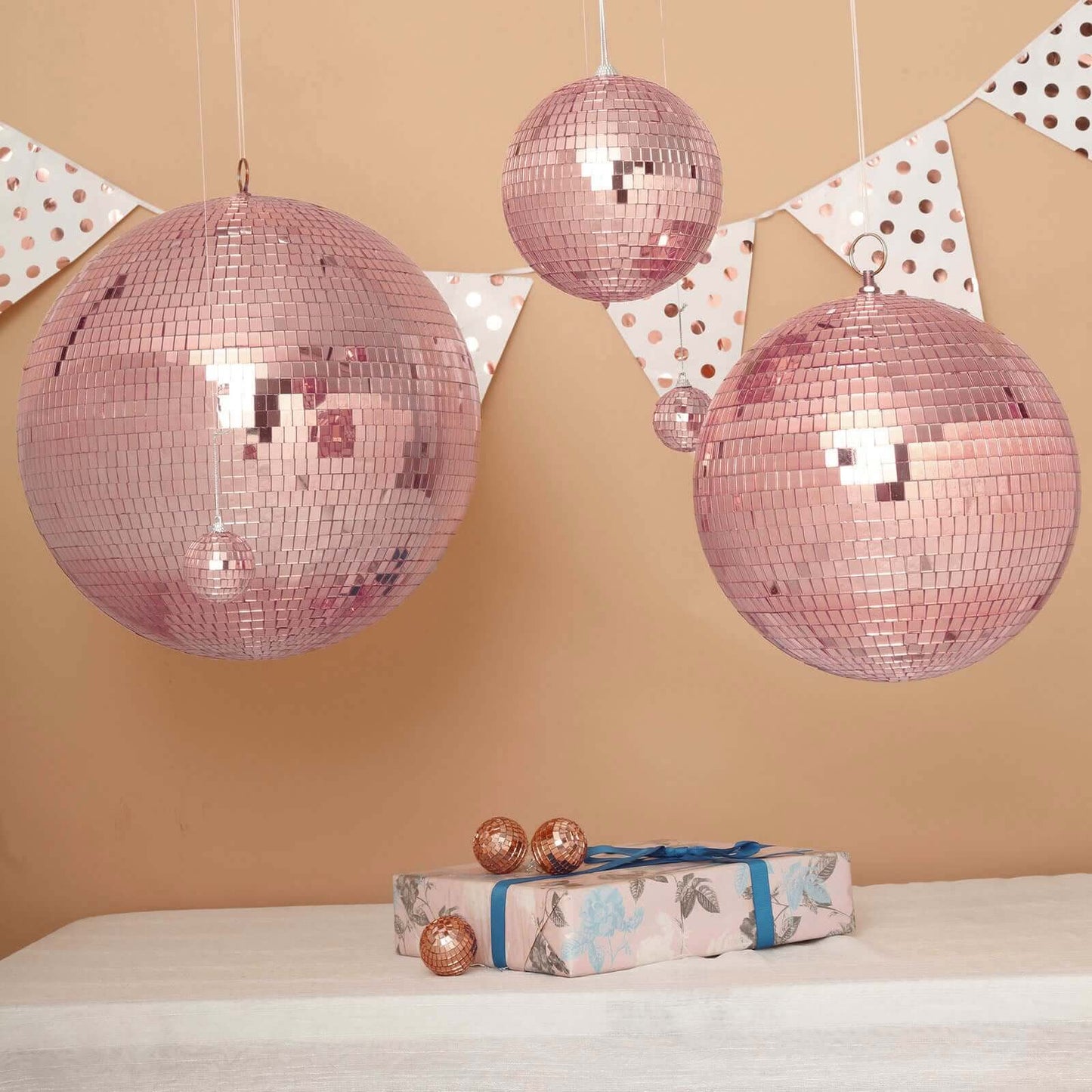 2 Pack 10" Rose Gold Foam Disco Mirror Ball With Hanging Swivel Ring, Holiday Party Decor - Linen Luxes