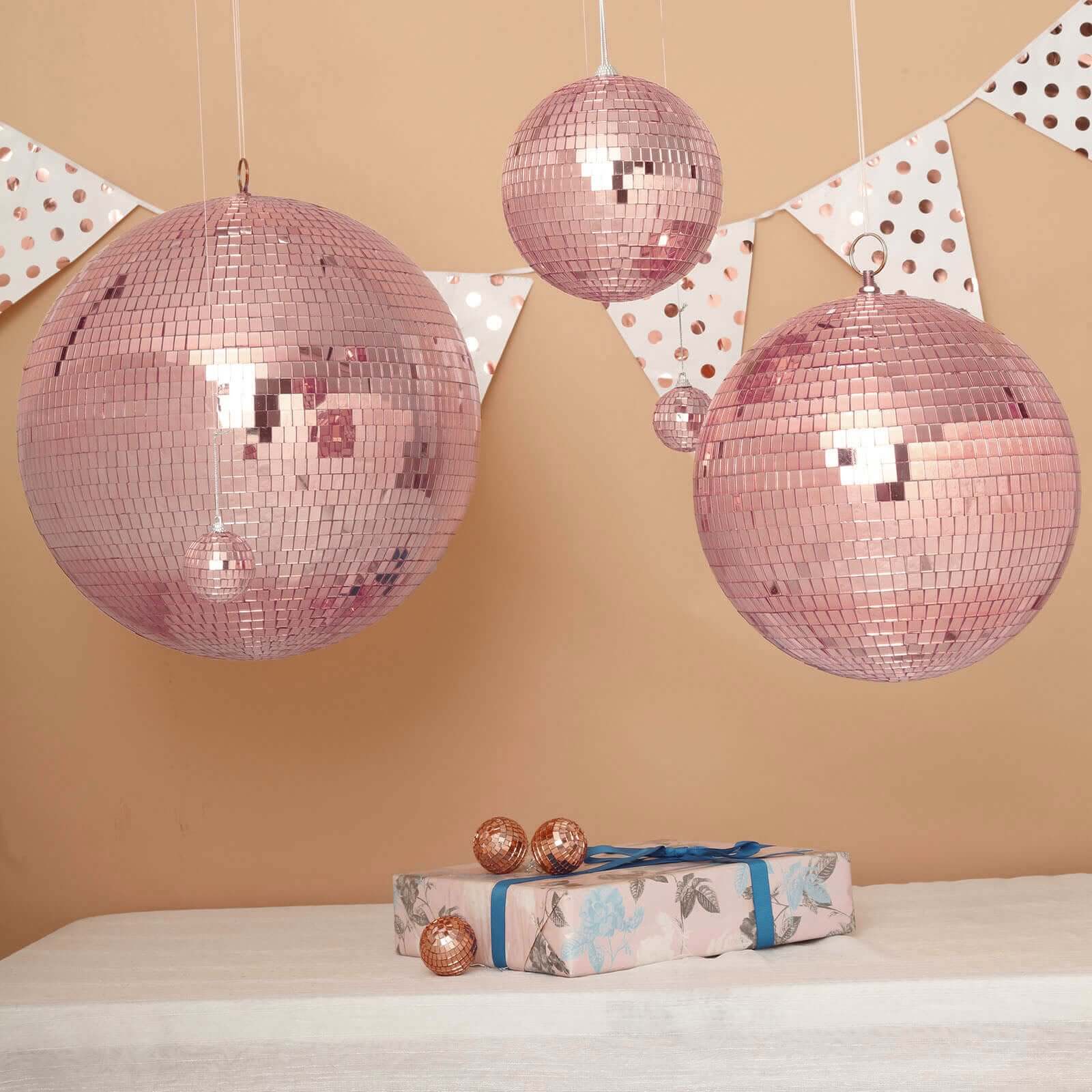 2 Pack 10" Rose Gold Foam Disco Mirror Ball With Hanging Swivel Ring, Holiday Party Decor - Linen Luxes