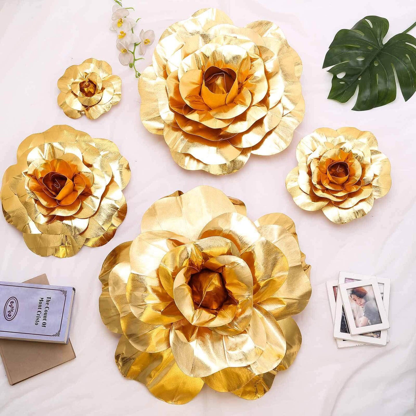 2 Pack 20" Large Metallic Gold Real Touch Artificial Foam DIY Craft Roses - Linen Luxes
