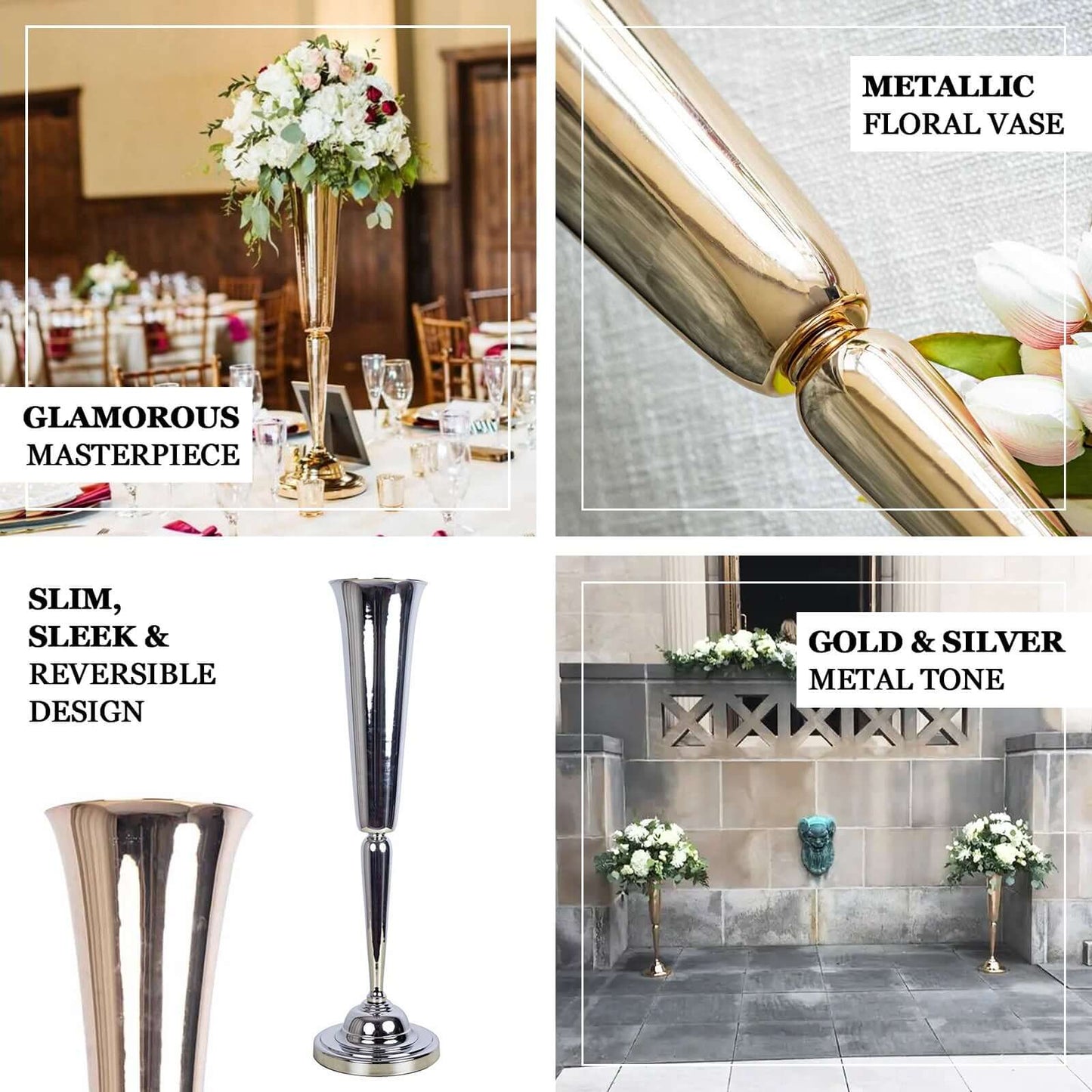 2 Pack 29" Gold Metal Trumpet Vases Set, Tall Floral Vase for Flower Arrangements & Table Centerpieces - Linen Luxes