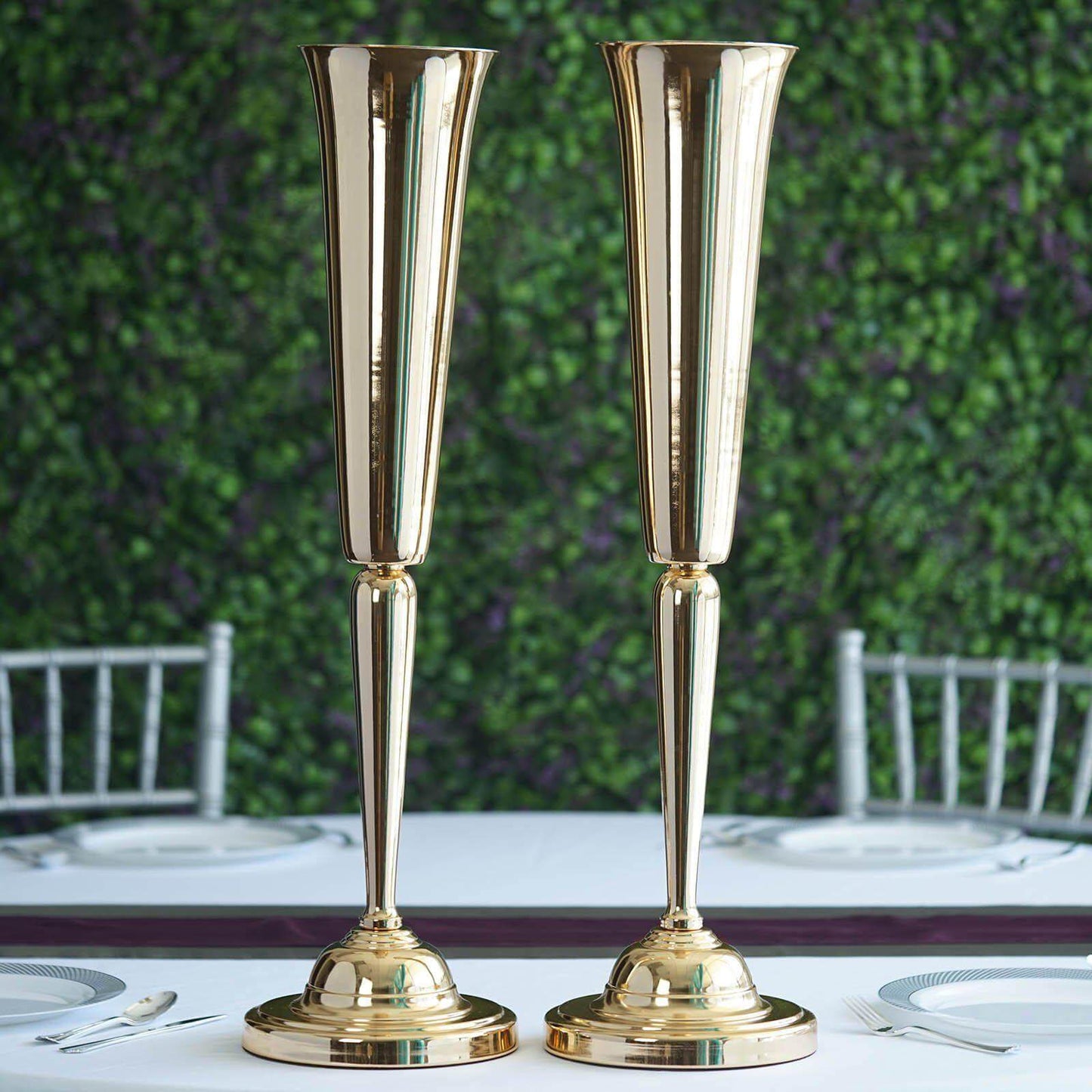 2 Pack 29" Gold Metal Trumpet Vases Set, Tall Floral Vase for Flower Arrangements & Table Centerpieces - Linen Luxes