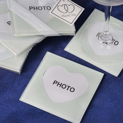 2 Pack 3" Heart Shaped Picture Frame Party Favors, Square Glass Coasters, Gift Wrapped With Thank You Tag - Linen Luxes