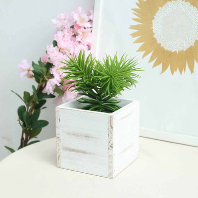 2 Pack 5" Whitewash Square Wood Planter Box Set With Removable Plastic Liners - Linen Luxes