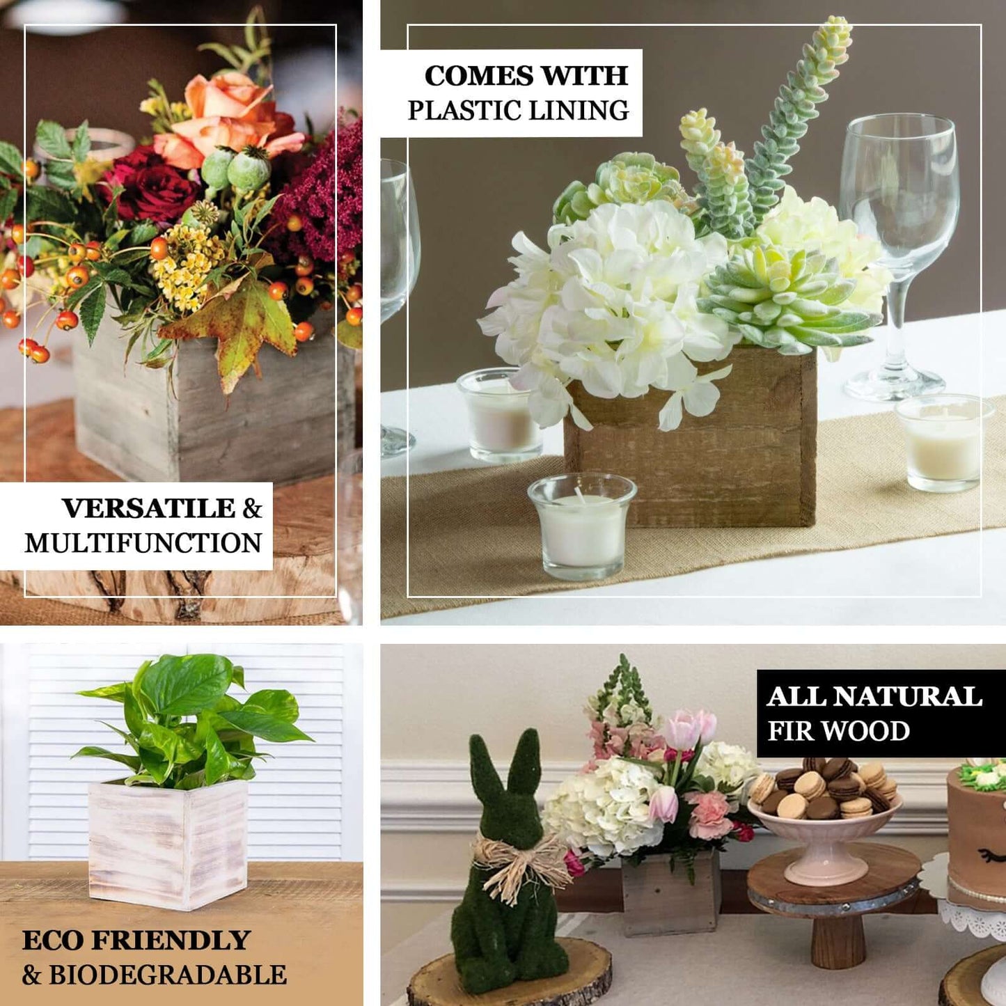 2 Pack 6" Whitewash Square Wood Planter Box Set With Removable Plastic Liners - Linen Luxes