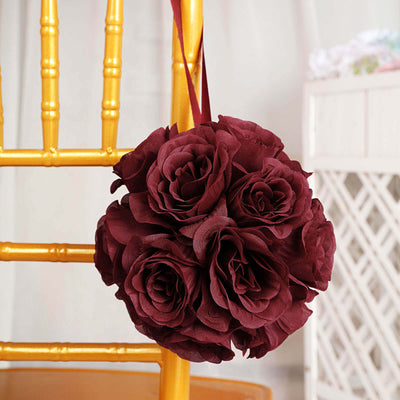 2 Pack 7" Burgundy Artificial Silk Rose Kissing Ball, Flower Ball - Linen Luxes