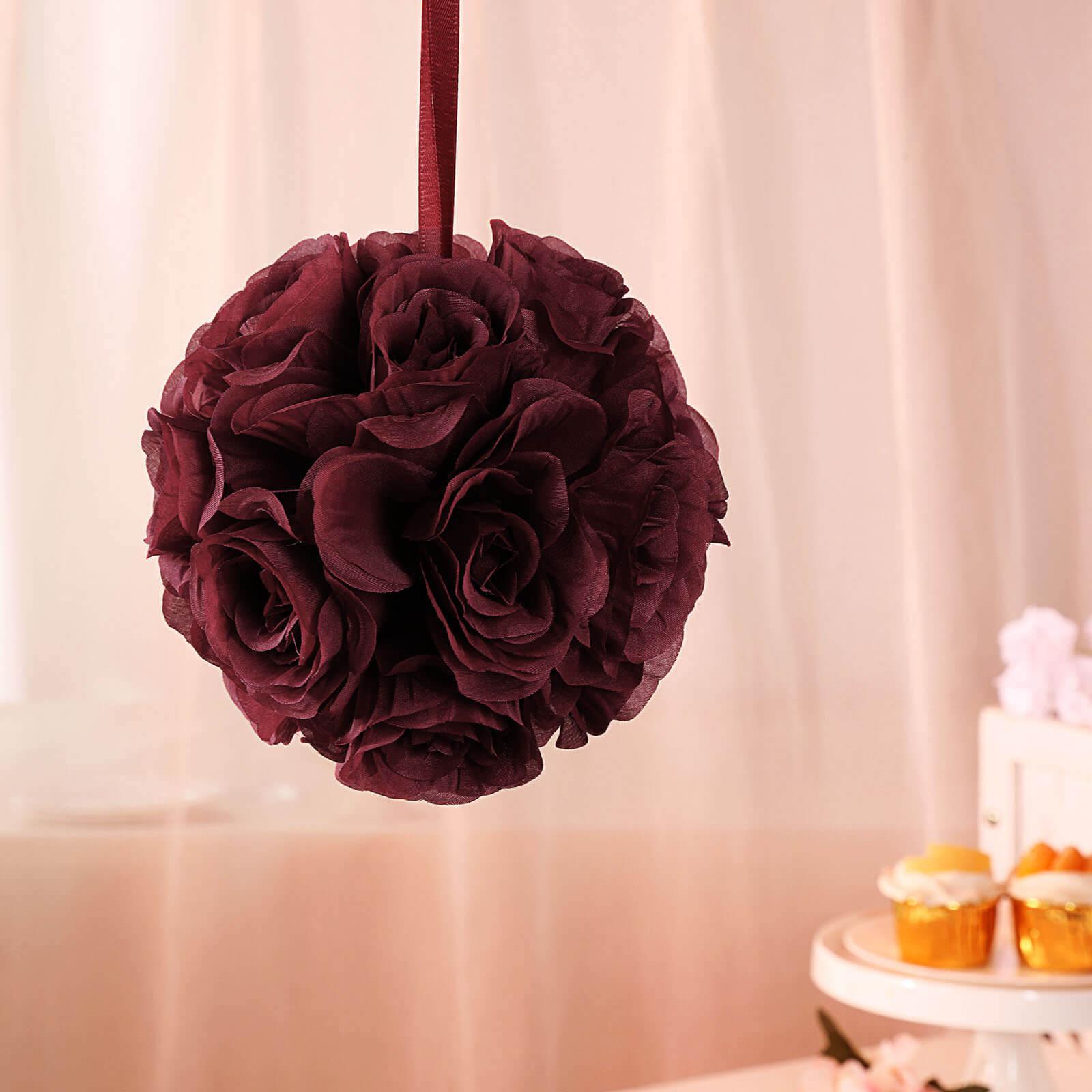 2 Pack 7" Burgundy Artificial Silk Rose Kissing Ball, Flower Ball - Linen Luxes