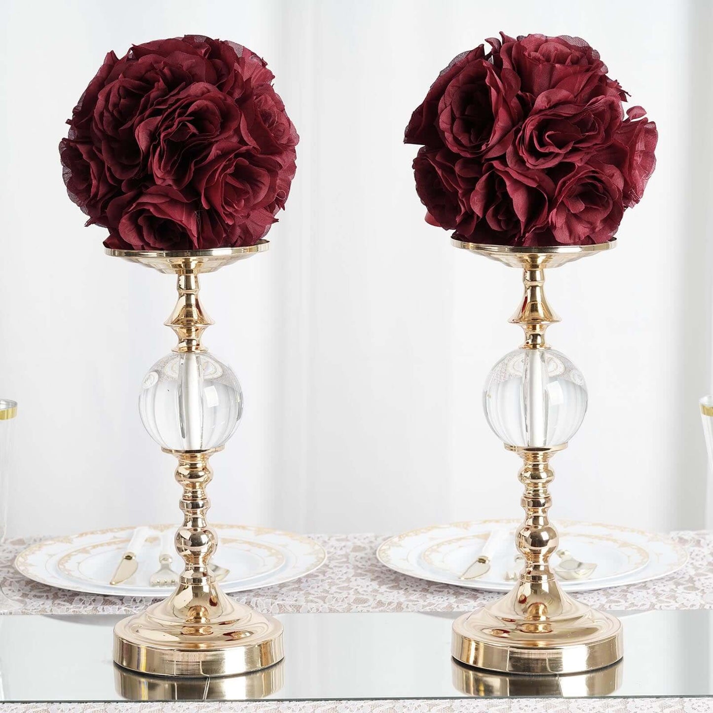 2 Pack 7" Burgundy Artificial Silk Rose Kissing Ball, Flower Ball - Linen Luxes