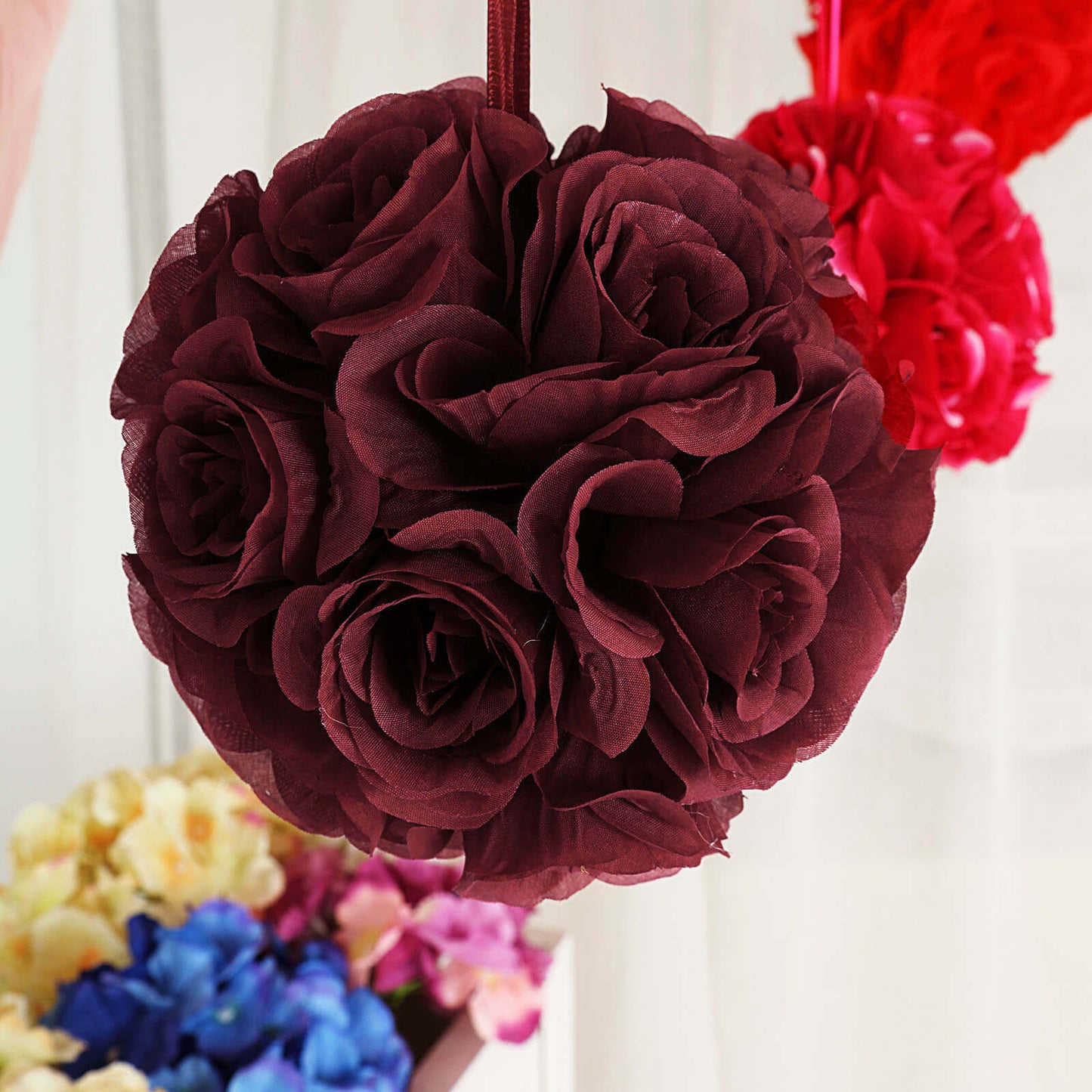 2 Pack 7" Burgundy Artificial Silk Rose Kissing Ball, Flower Ball - Linen Luxes