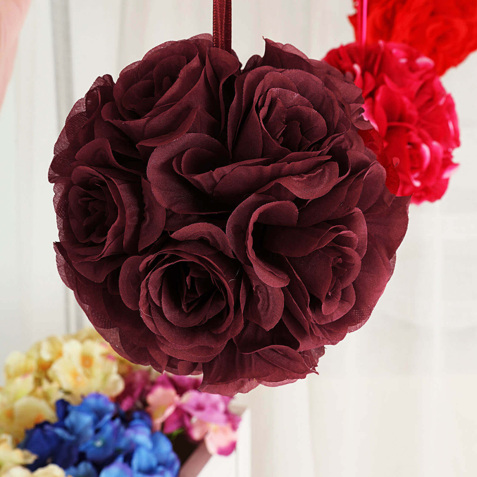 2 Pack 7" Burgundy Artificial Silk Rose Kissing Ball, Flower Ball - Linen Luxes
