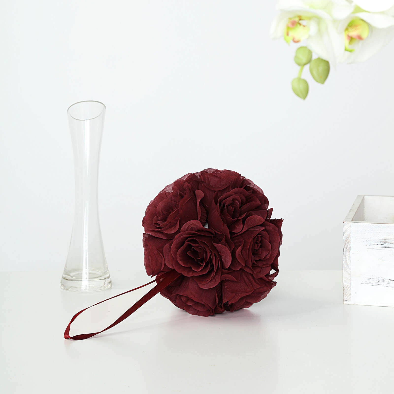 2 Pack 7" Burgundy Artificial Silk Rose Kissing Ball, Flower Ball - Linen Luxes