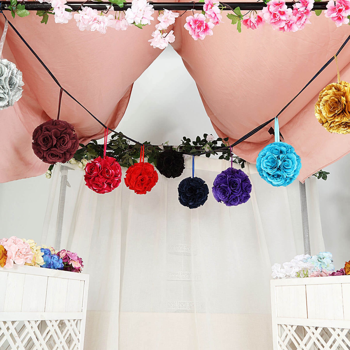 2 Pack 7" Burgundy Artificial Silk Rose Kissing Ball, Flower Ball - Linen Luxes