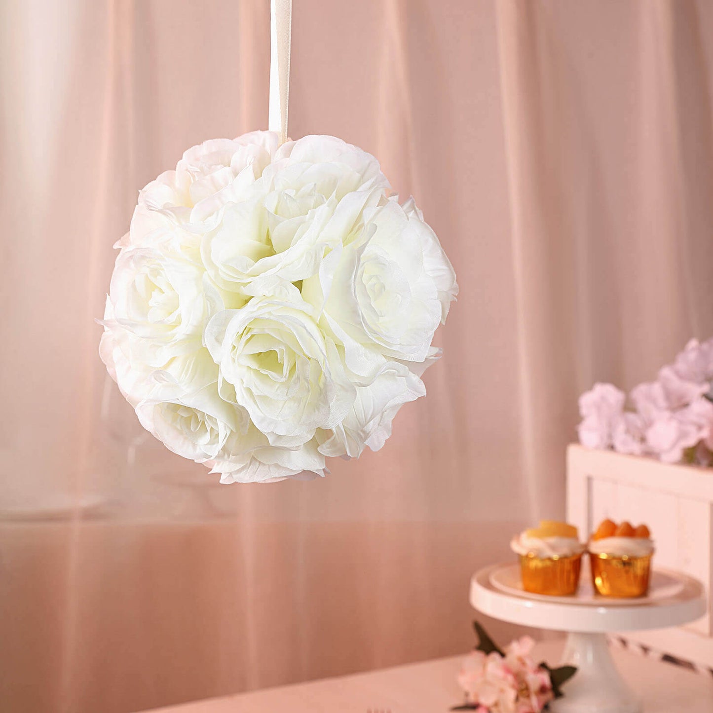 2 Pack 7" Cream Artificial Silk Rose Kissing Ball, Faux Flower Ball