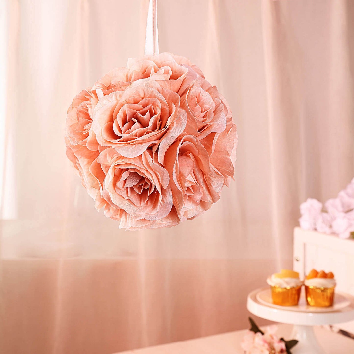 2 Pack 7" Dusty Rose Artificial Silk Rose Kissing Ball, Flower Ball - Linen Luxes