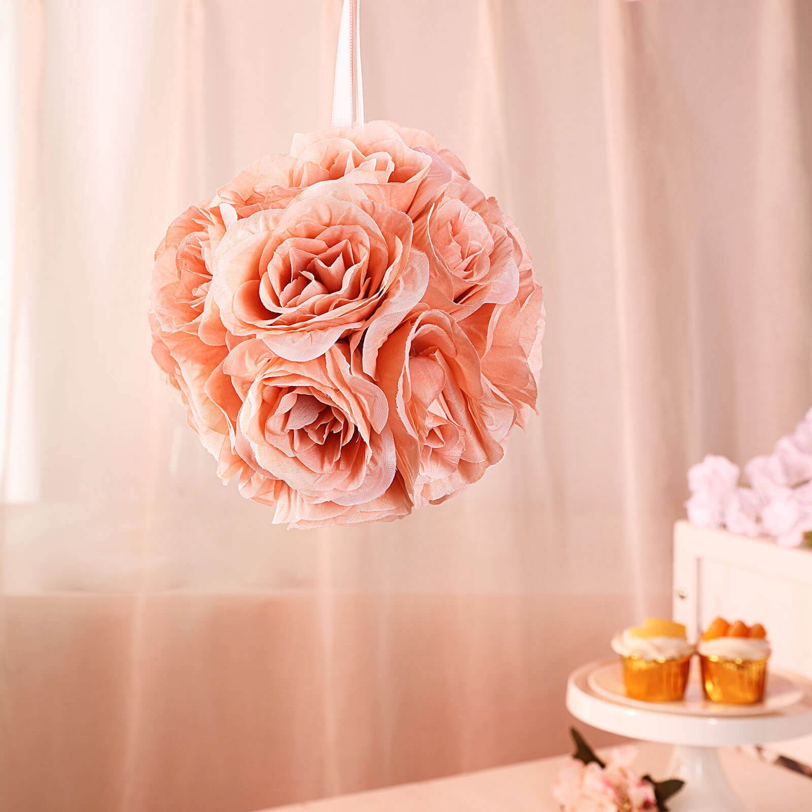 2 Pack 7" Dusty Rose Artificial Silk Rose Kissing Ball, Flower Ball - Linen Luxes