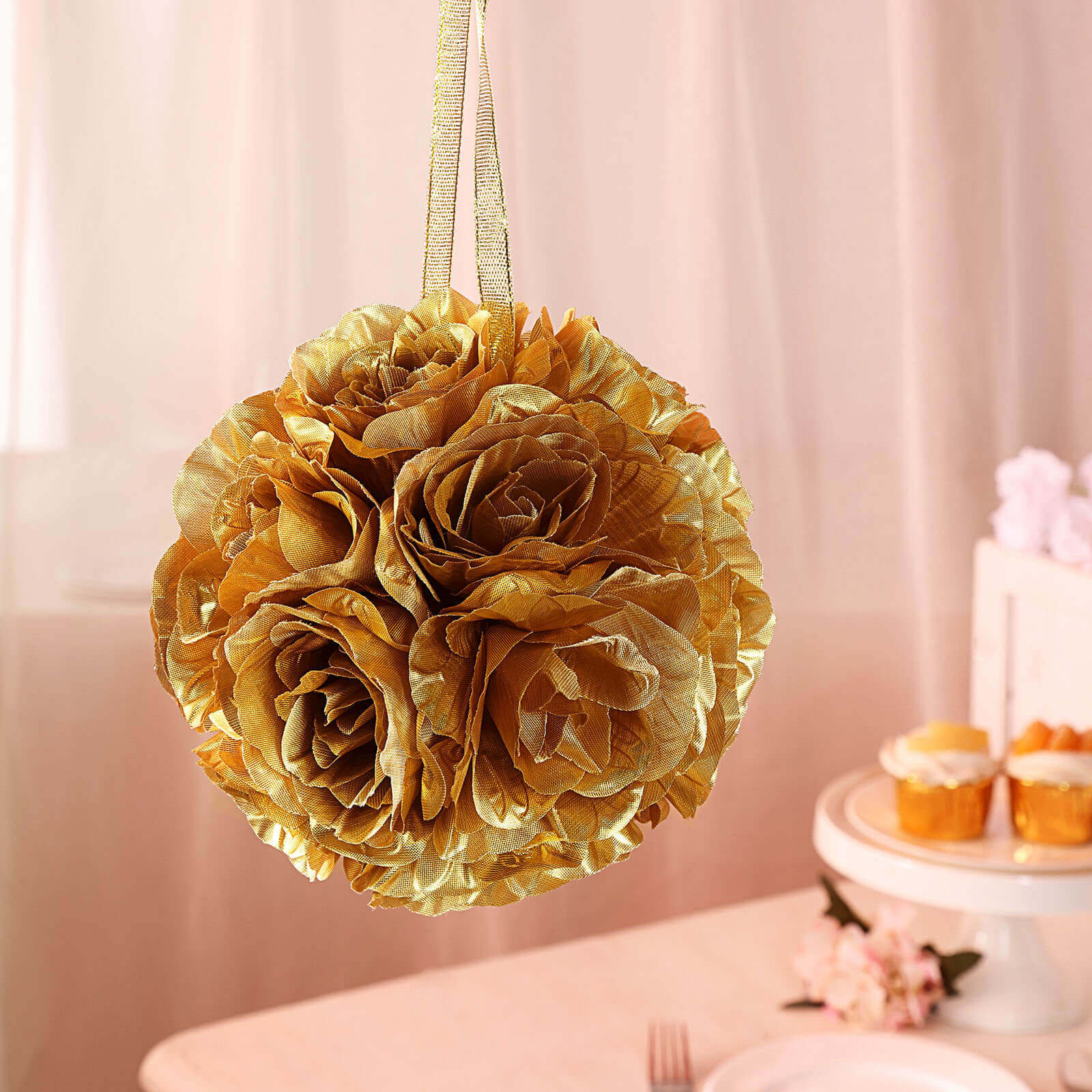2 Pack 7" Gold Artificial Silk Rose Kissing Ball, Faux Flower Ball - Linen Luxes
