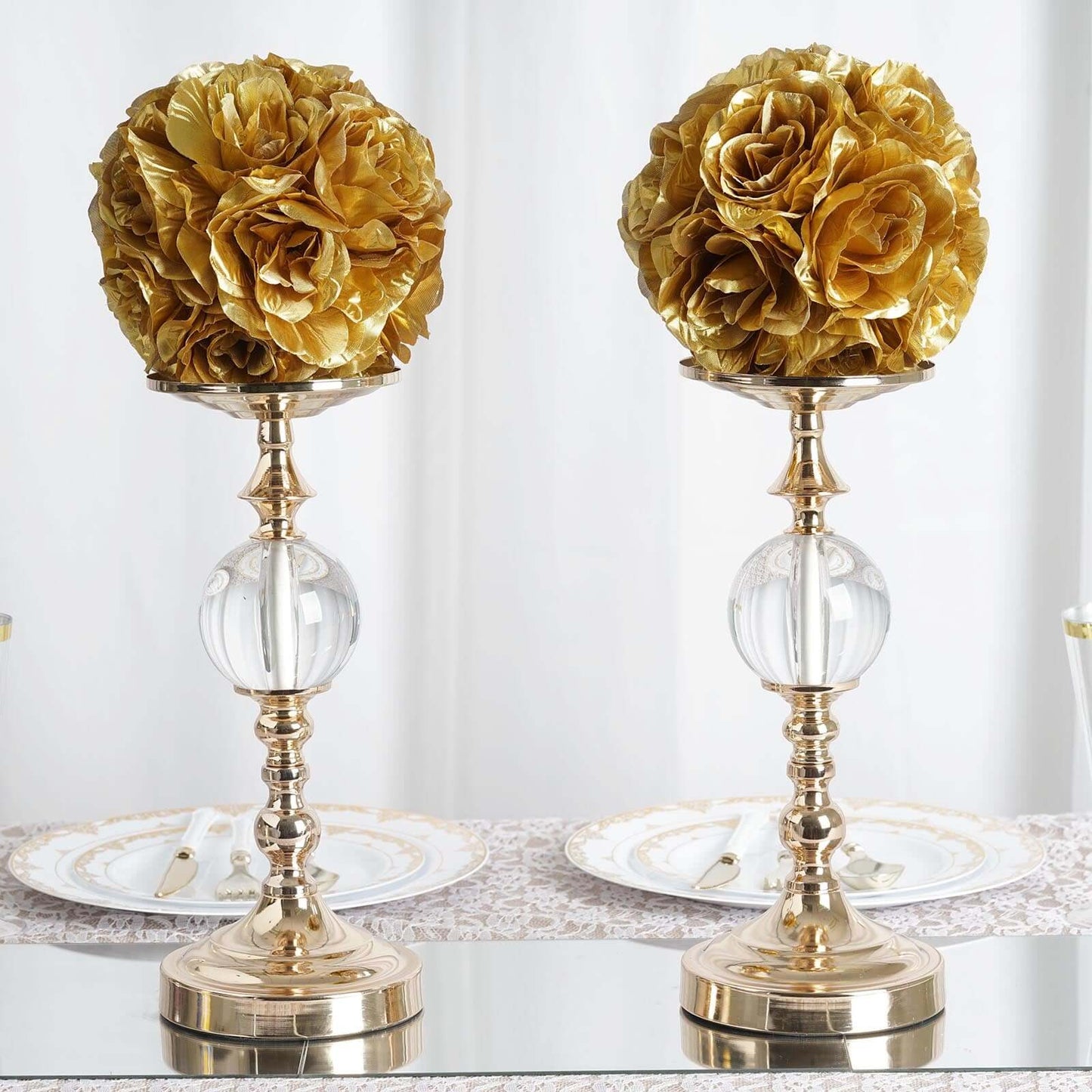 2 Pack 7" Gold Artificial Silk Rose Kissing Ball, Faux Flower Ball - Linen Luxes