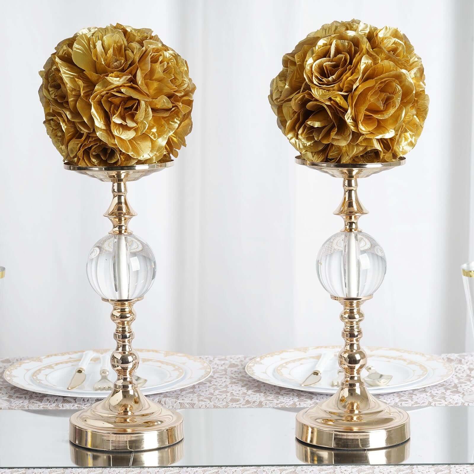 2 Pack 7" Gold Artificial Silk Rose Kissing Ball, Faux Flower Ball - Linen Luxes