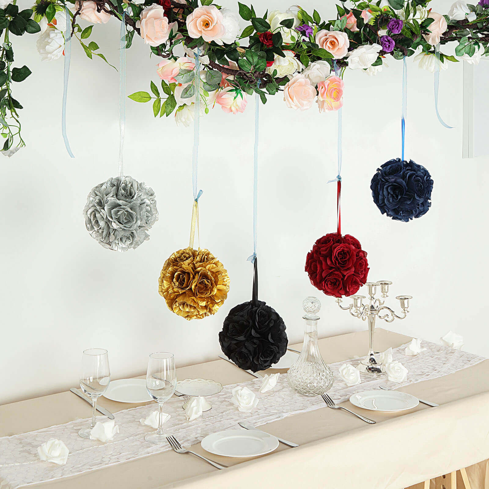 2 Pack 7" Gold Artificial Silk Rose Kissing Ball, Faux Flower Ball - Linen Luxes