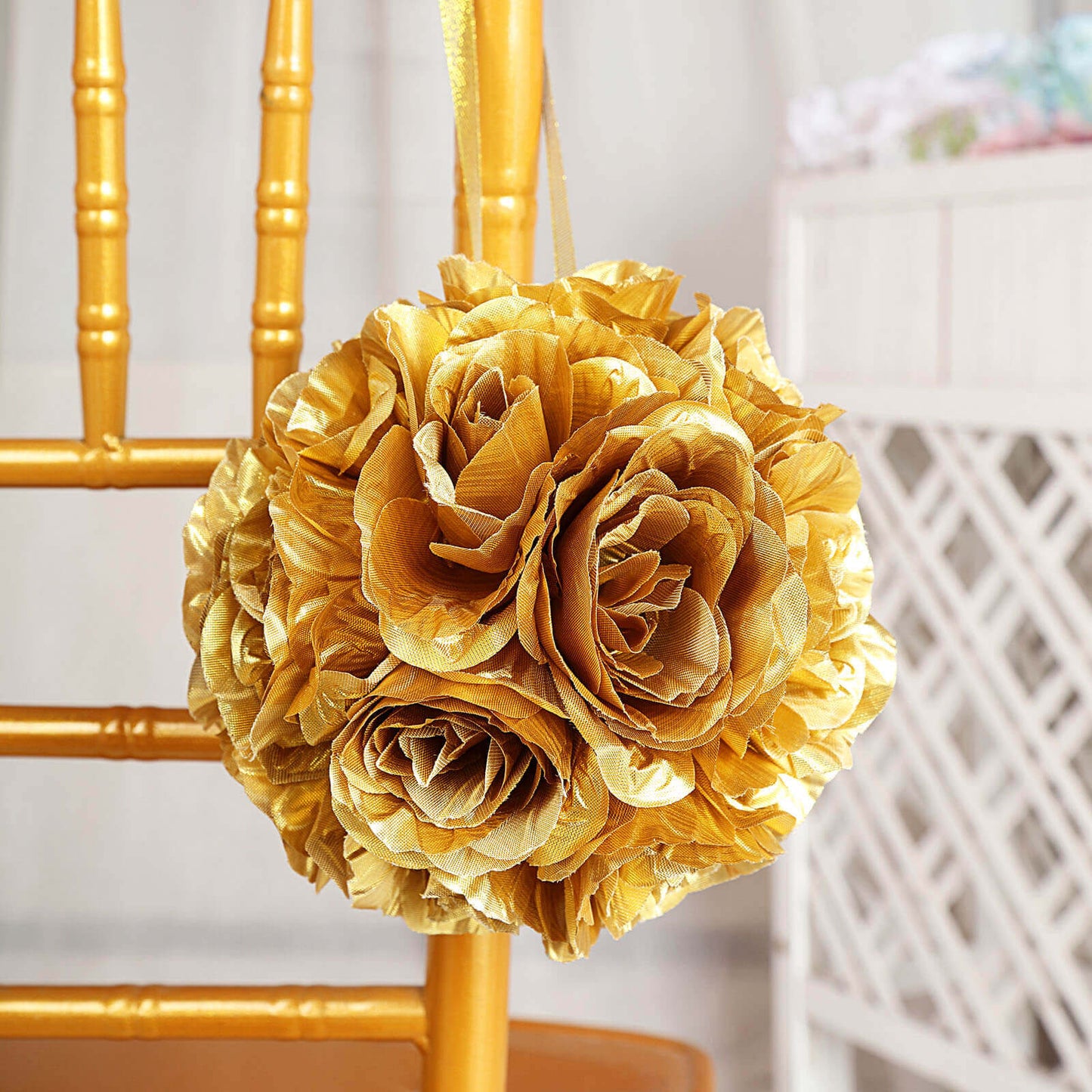 2 Pack 7" Gold Artificial Silk Rose Kissing Ball, Faux Flower Ball - Linen Luxes