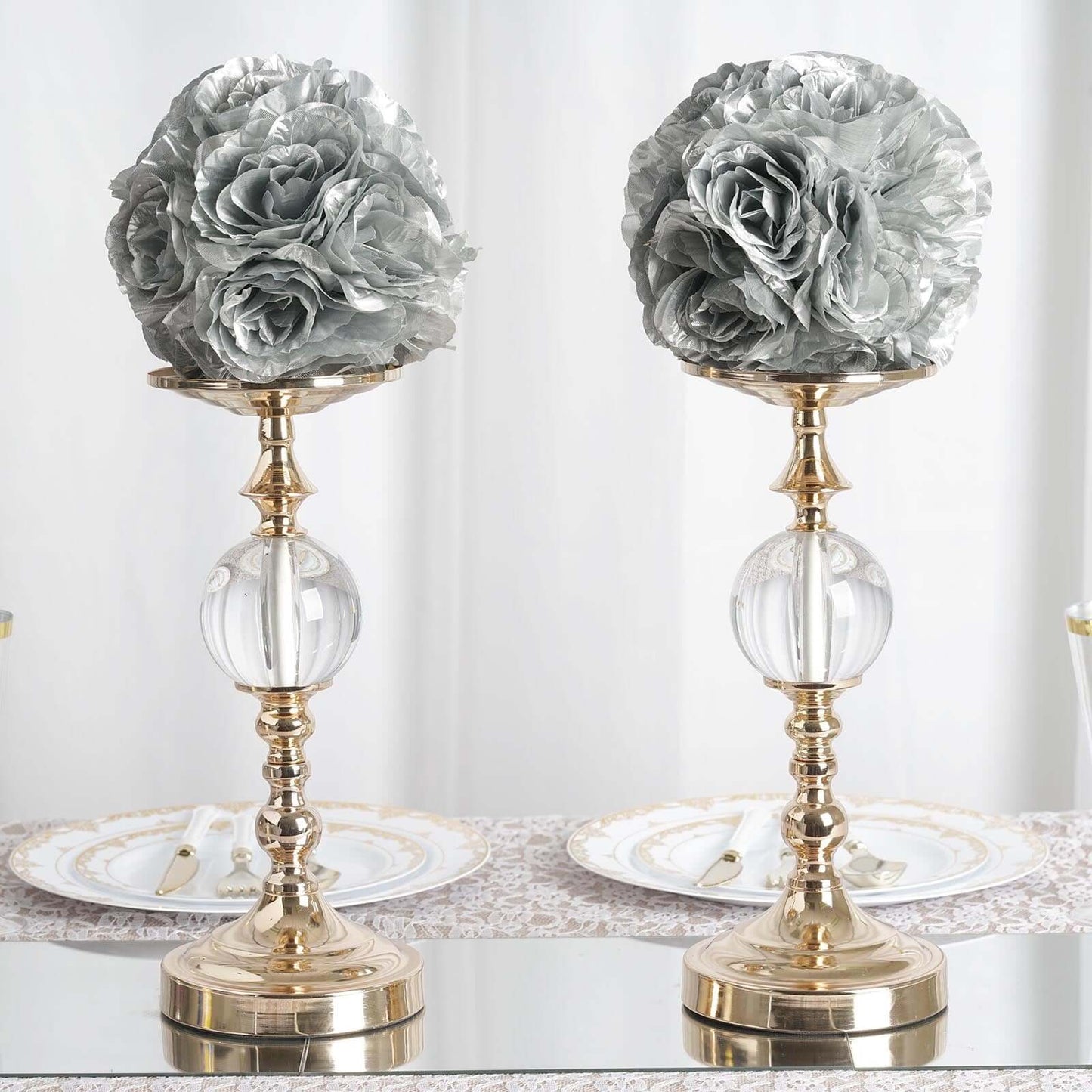 2 Pack 7" Silver Artificial Silk Rose Kissing Ball, Faux Flower Ball - Linen Luxes