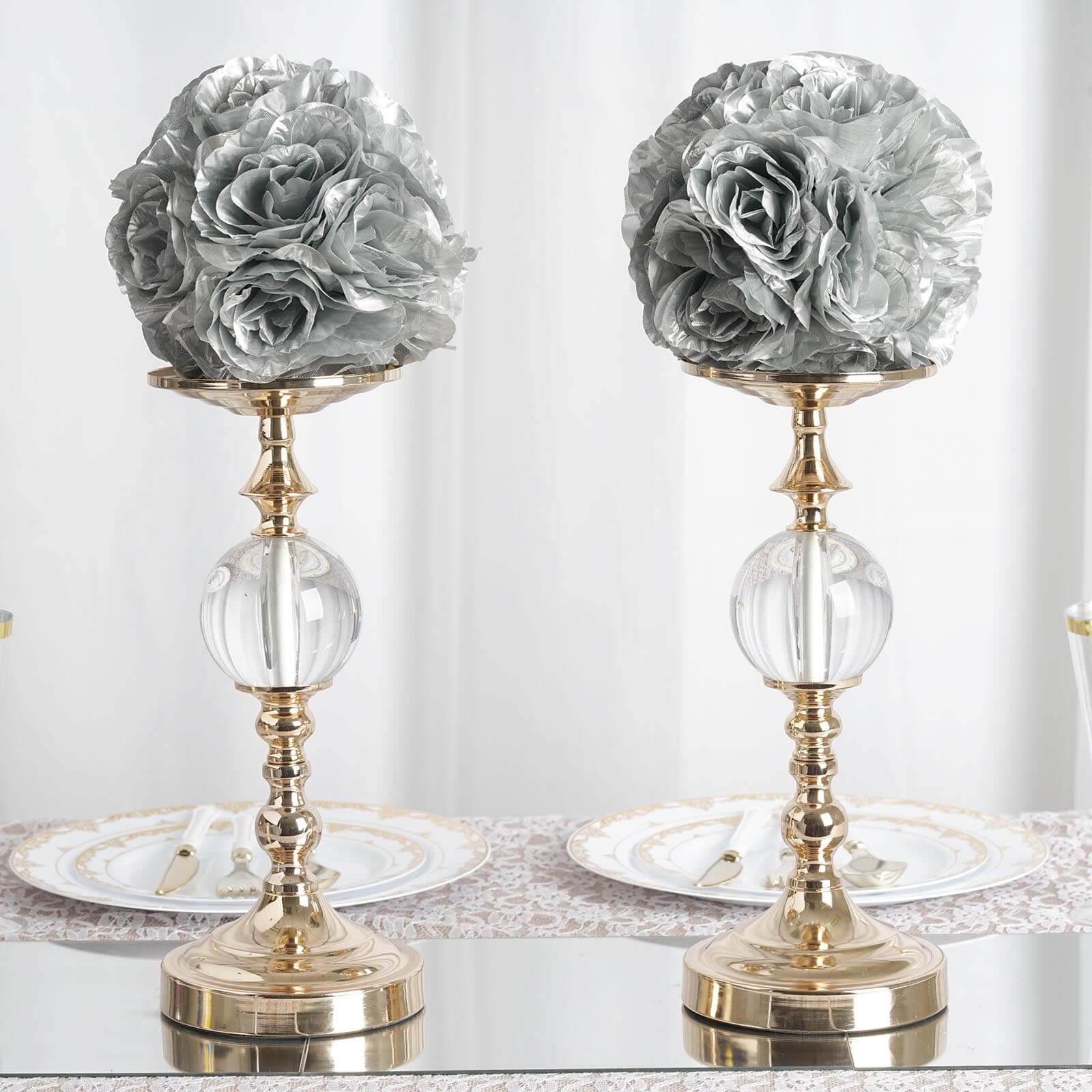 2 Pack 7" Silver Artificial Silk Rose Kissing Ball, Faux Flower Ball - Linen Luxes