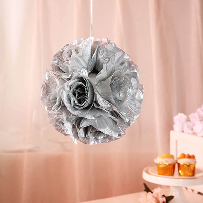 2 Pack 7" Silver Artificial Silk Rose Kissing Ball, Faux Flower Ball - Linen Luxes