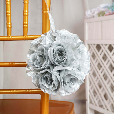 2 Pack 7" Silver Artificial Silk Rose Kissing Ball, Faux Flower Ball - Linen Luxes
