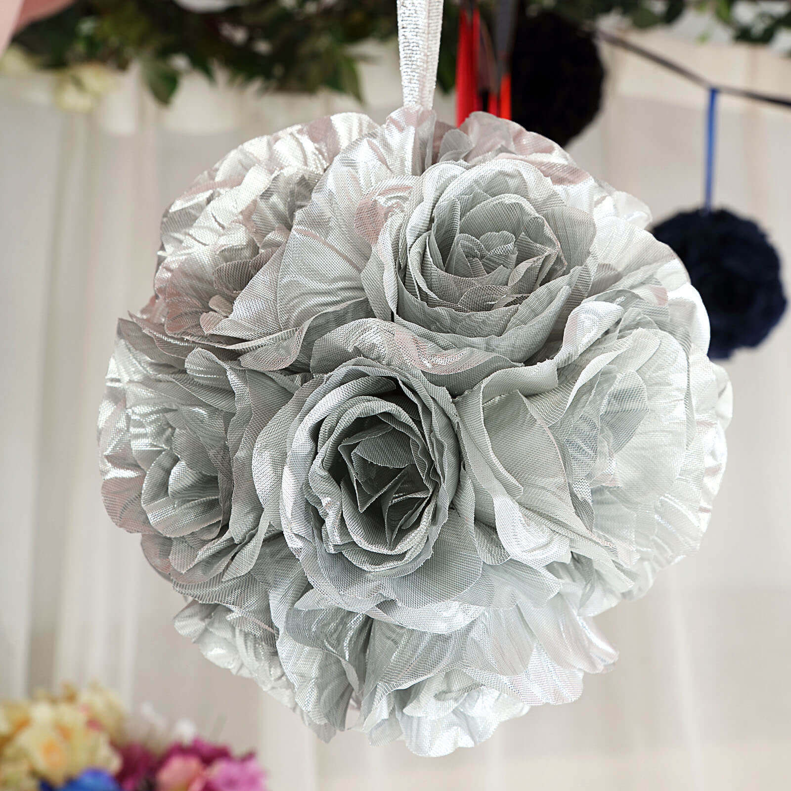 2 Pack 7" Silver Artificial Silk Rose Kissing Ball, Faux Flower Ball - Linen Luxes