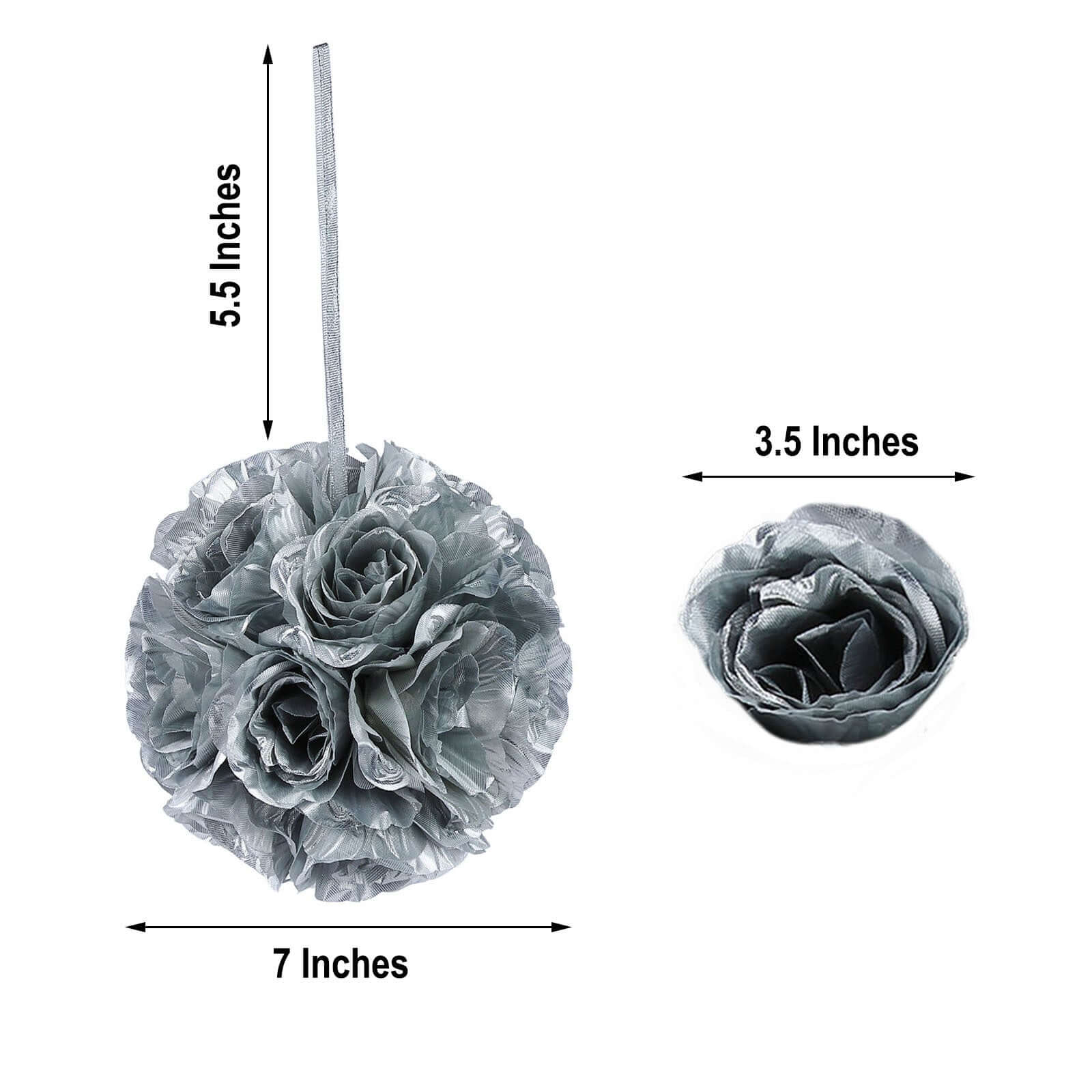 2 Pack 7" Silver Artificial Silk Rose Kissing Ball, Faux Flower Ball - Linen Luxes