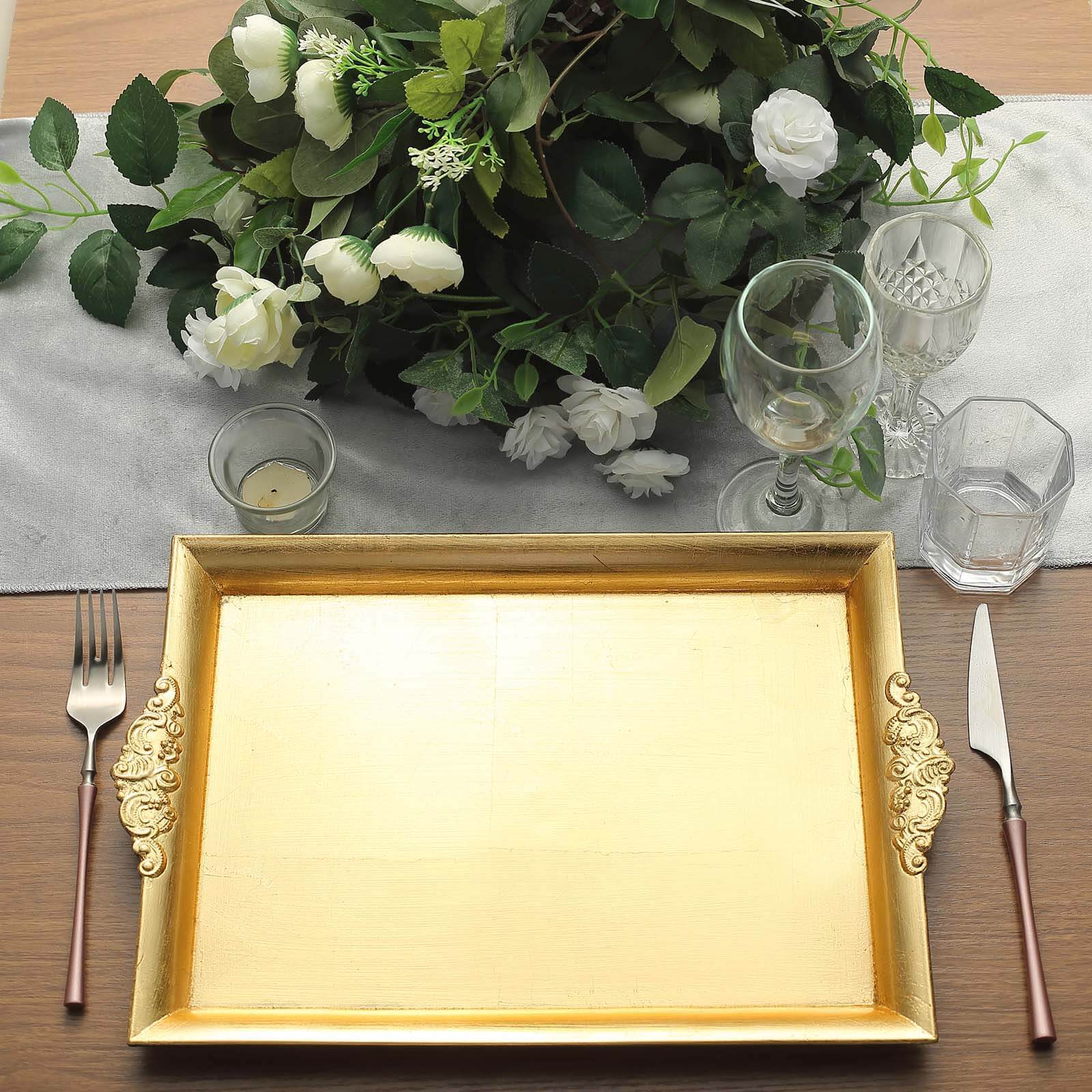 2 - Pack Acrylic Rectangle Serving Trays 14"x10" in Gold with Embossed Handles, Sleek Decorative Dinner Party Food Platters - Linen Luxes