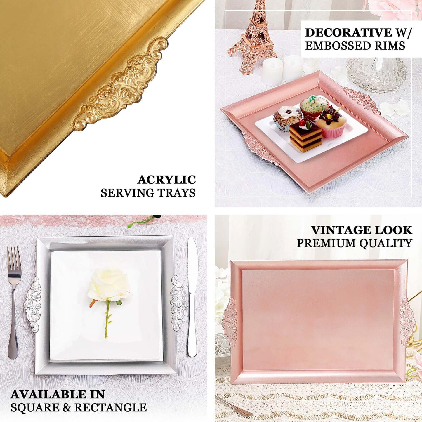 2 - Pack Acrylic Rectangle Serving Trays 14"x10" in Gold with Embossed Handles, Sleek Decorative Dinner Party Food Platters - Linen Luxes