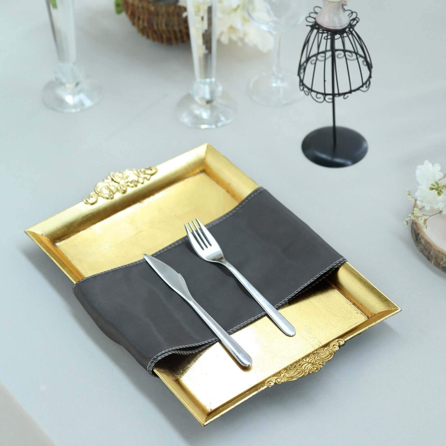 2 - Pack Acrylic Rectangle Serving Trays 14"x10" in Gold with Embossed Handles, Sleek Decorative Dinner Party Food Platters - Linen Luxes