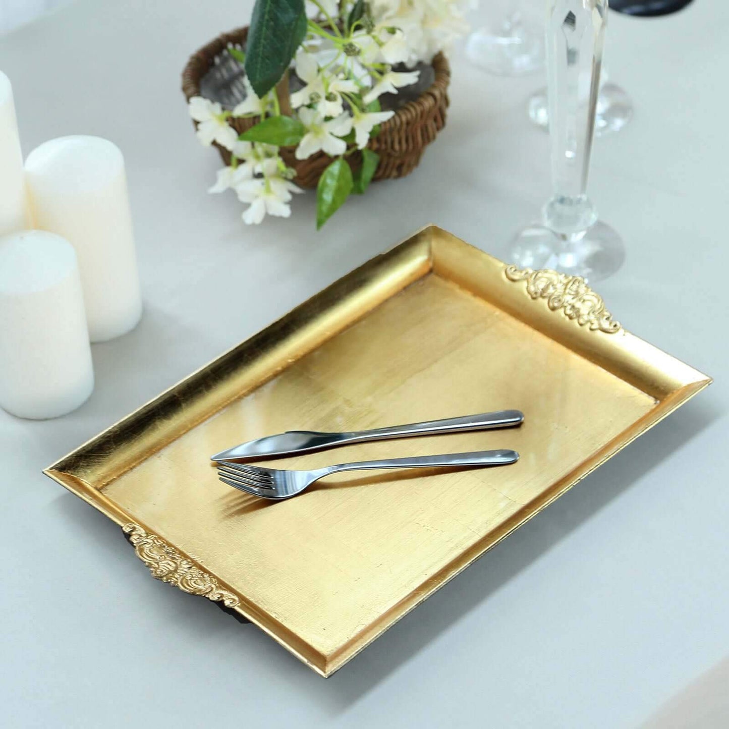 2 - Pack Acrylic Rectangle Serving Trays 14"x10" in Gold with Embossed Handles, Sleek Decorative Dinner Party Food Platters - Linen Luxes