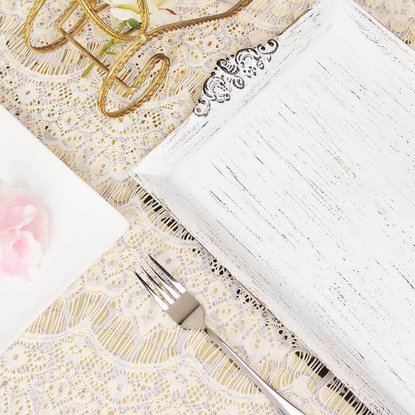 2 - Pack Acrylic Rectangle Serving Trays 14"x10" in White Wash with Embossed Handles, Antique Decorative Dinner Party Food Platters - Linen Luxes