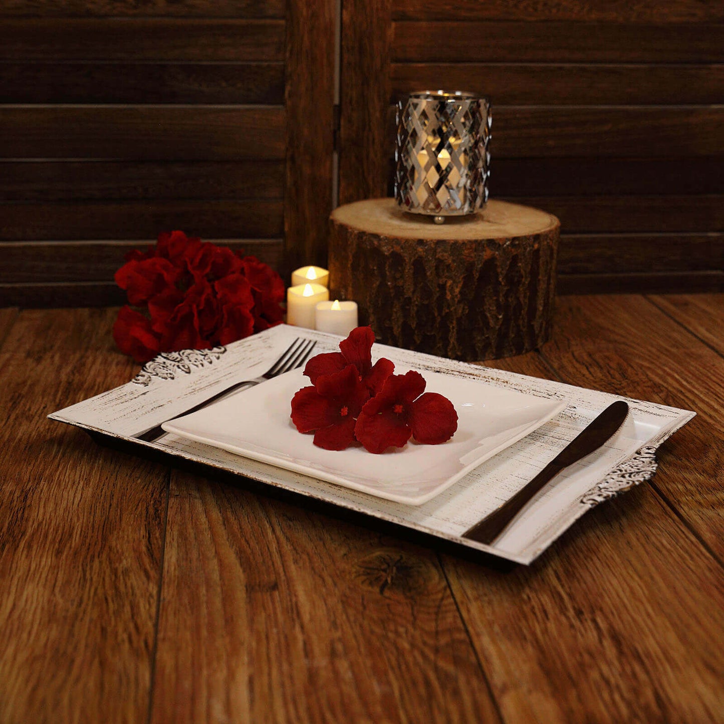 2 - Pack Acrylic Rectangle Serving Trays 14"x10" in White Wash with Embossed Handles, Antique Decorative Dinner Party Food Platters - Linen Luxes