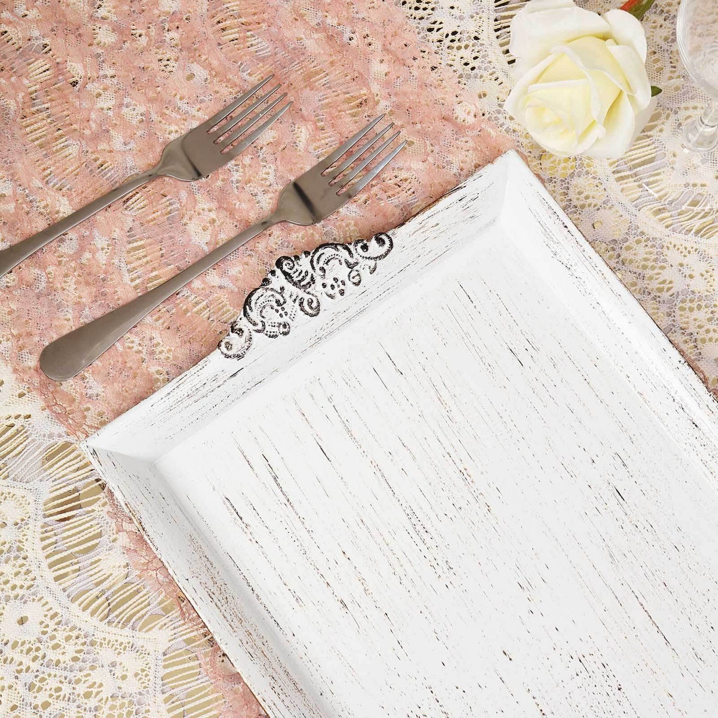 2 - Pack Acrylic Rectangle Serving Trays 14"x10" in White Wash with Embossed Handles, Antique Decorative Dinner Party Food Platters - Linen Luxes