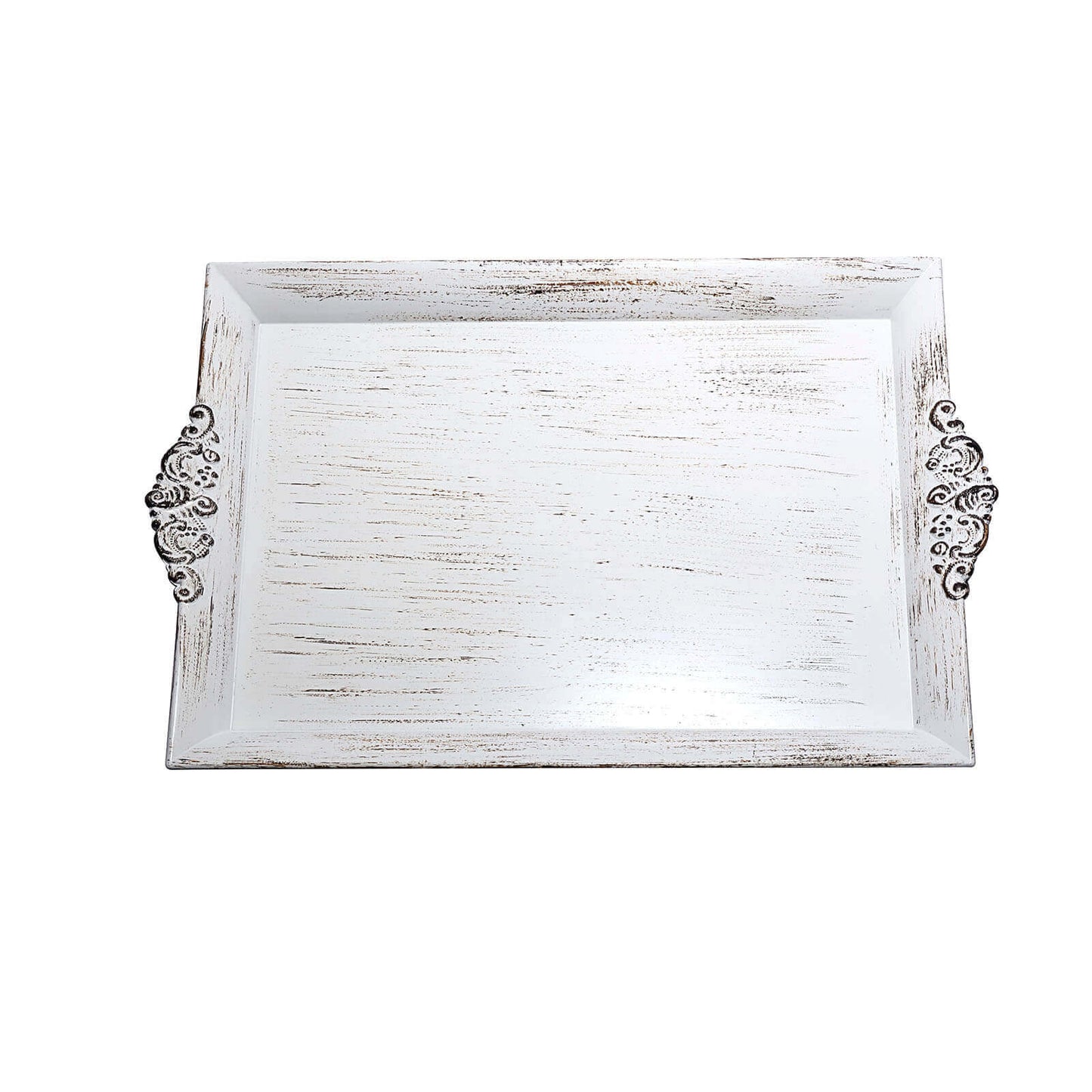 2 - Pack Acrylic Rectangle Serving Trays 14"x10" in White Wash with Embossed Handles, Antique Decorative Dinner Party Food Platters - Linen Luxes