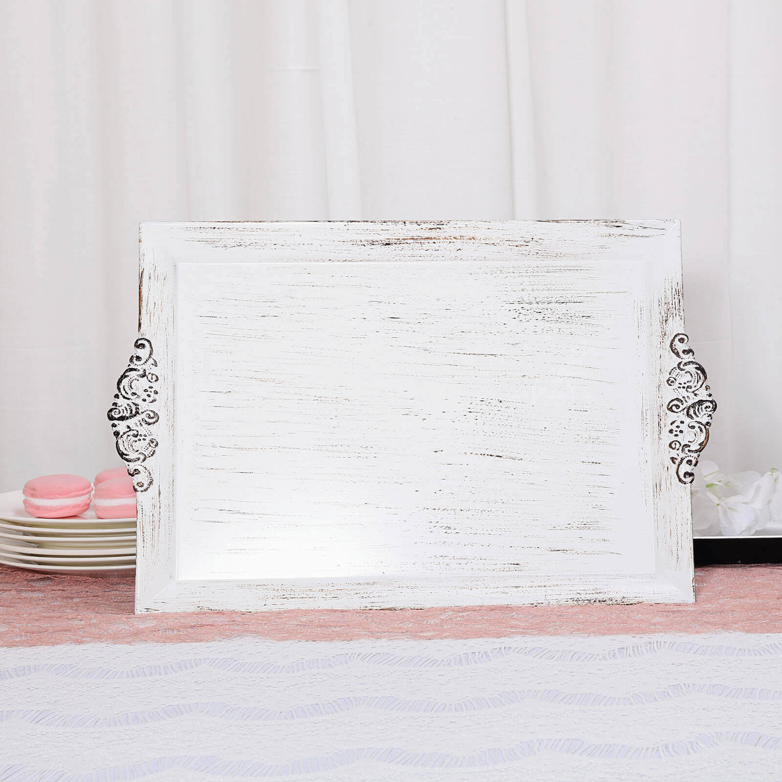 2 - Pack Acrylic Rectangle Serving Trays 14"x10" in White Wash with Embossed Handles, Antique Decorative Dinner Party Food Platters - Linen Luxes