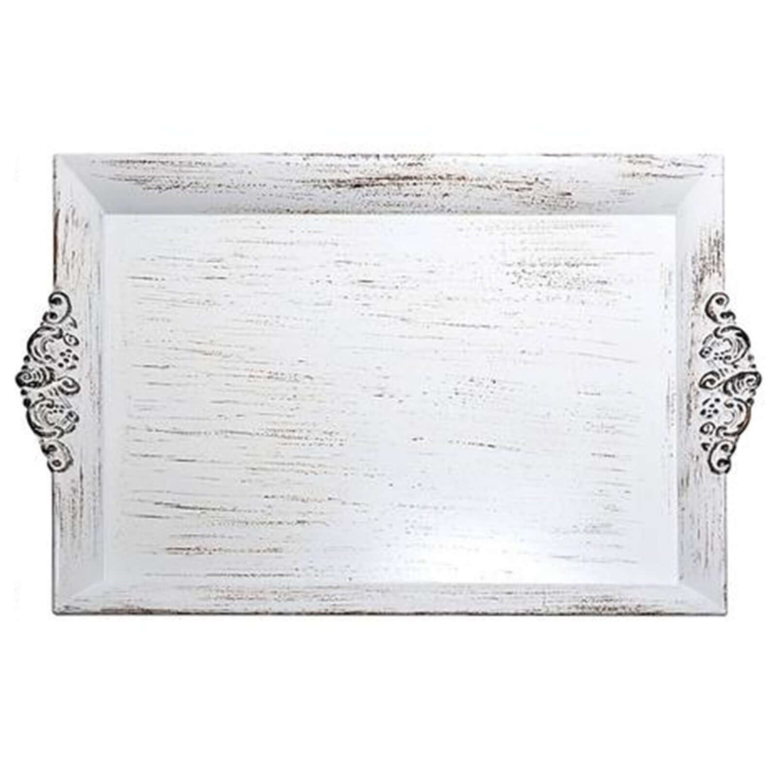 2 - Pack Acrylic Rectangle Serving Trays 14"x10" in White Wash with Embossed Handles, Antique Decorative Dinner Party Food Platters - Linen Luxes
