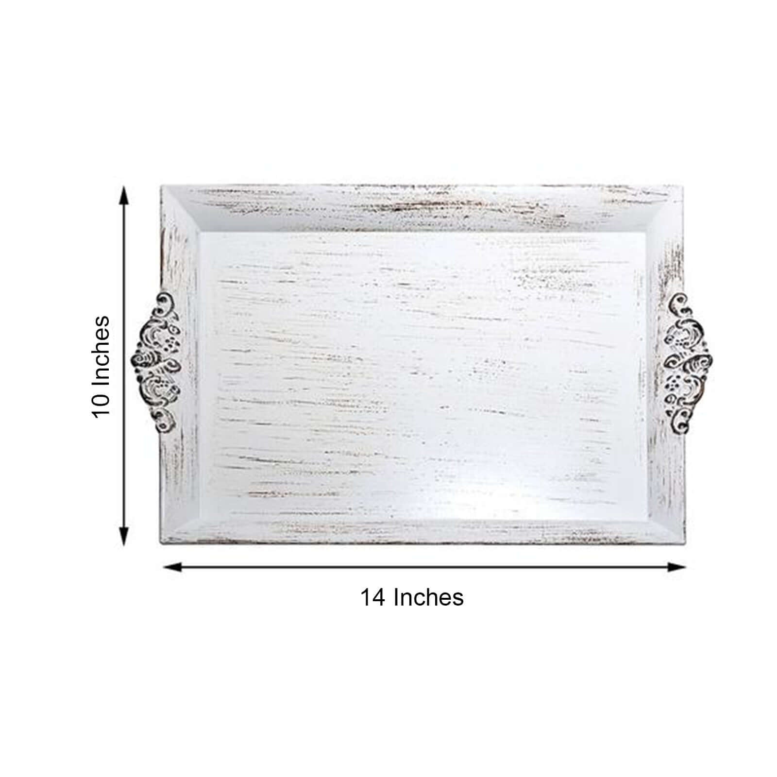 2 - Pack Acrylic Rectangle Serving Trays 14"x10" in White Wash with Embossed Handles, Antique Decorative Dinner Party Food Platters - Linen Luxes